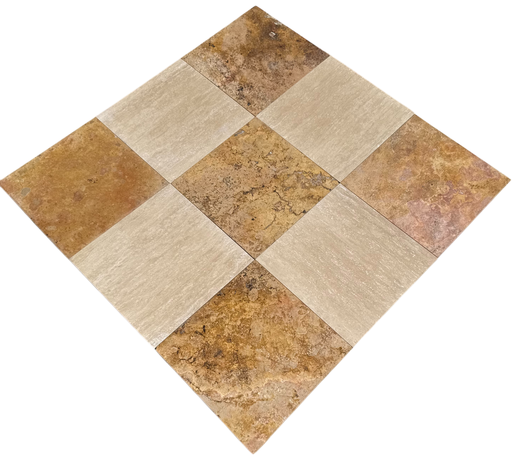 Checkerboard tile with Veincut Travertino and Sedona Travertine in 12x12 format