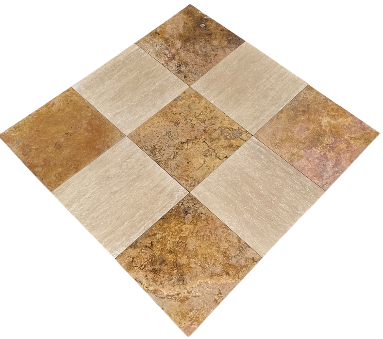 Checkerboard tile with Veincut Travertino and Sedona Travertine in 12x12 format