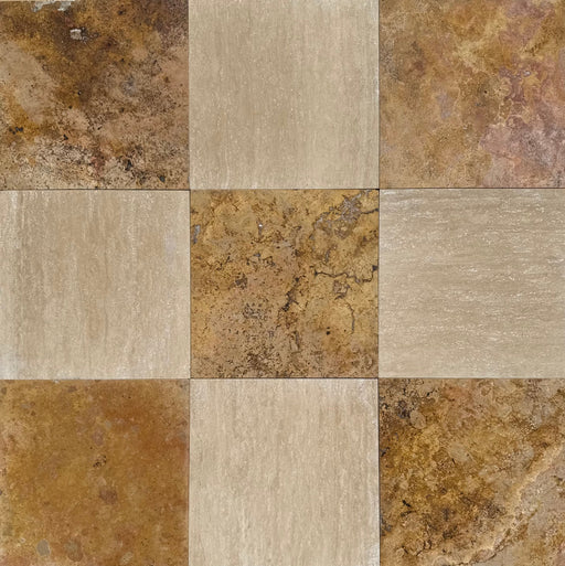 Close-up of 12x12 checkerboard tile showing beige veincut and reddish Sedona travertine