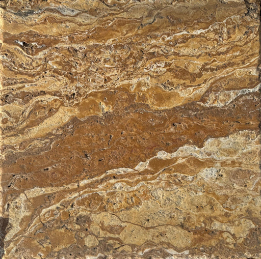 Tuscany Gold Travertine Tile 18x18 with chiseled edges and brushed finish in warm tan and gold tones