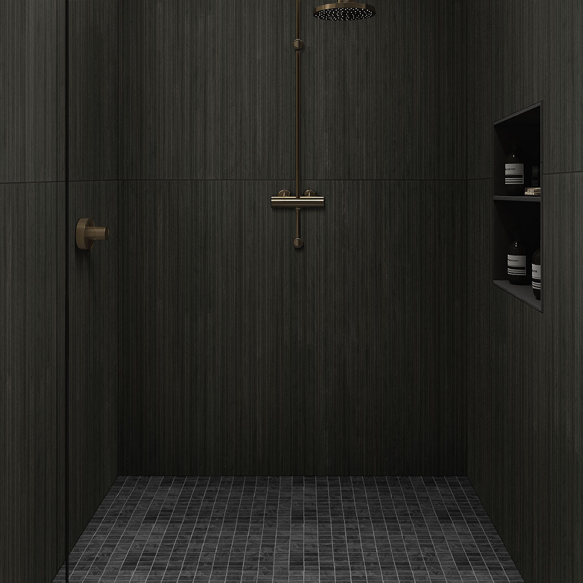 Urbanslat Carbon Wall Panels installed on a bathroom wall with seamless fluted design