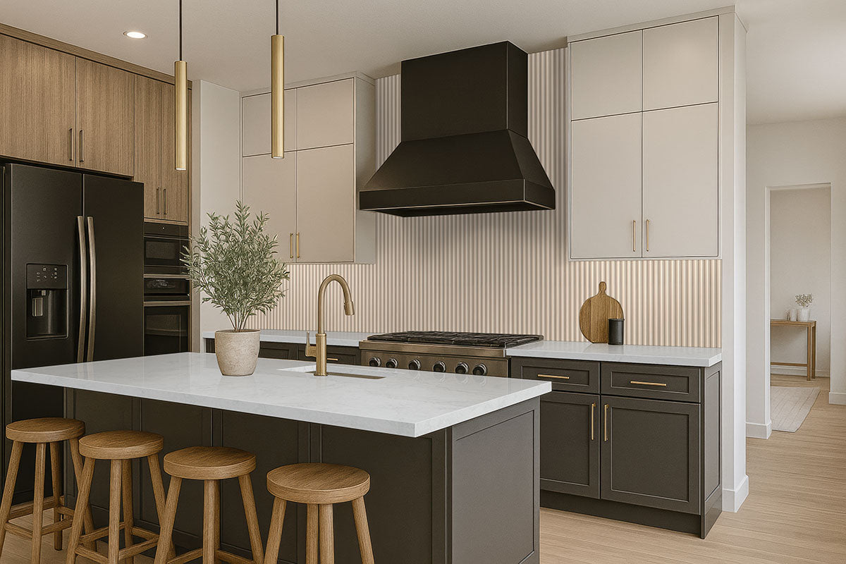 Urbanslat Flute Maple Wall Panels installed in bright kitchen backsplash with seamless look