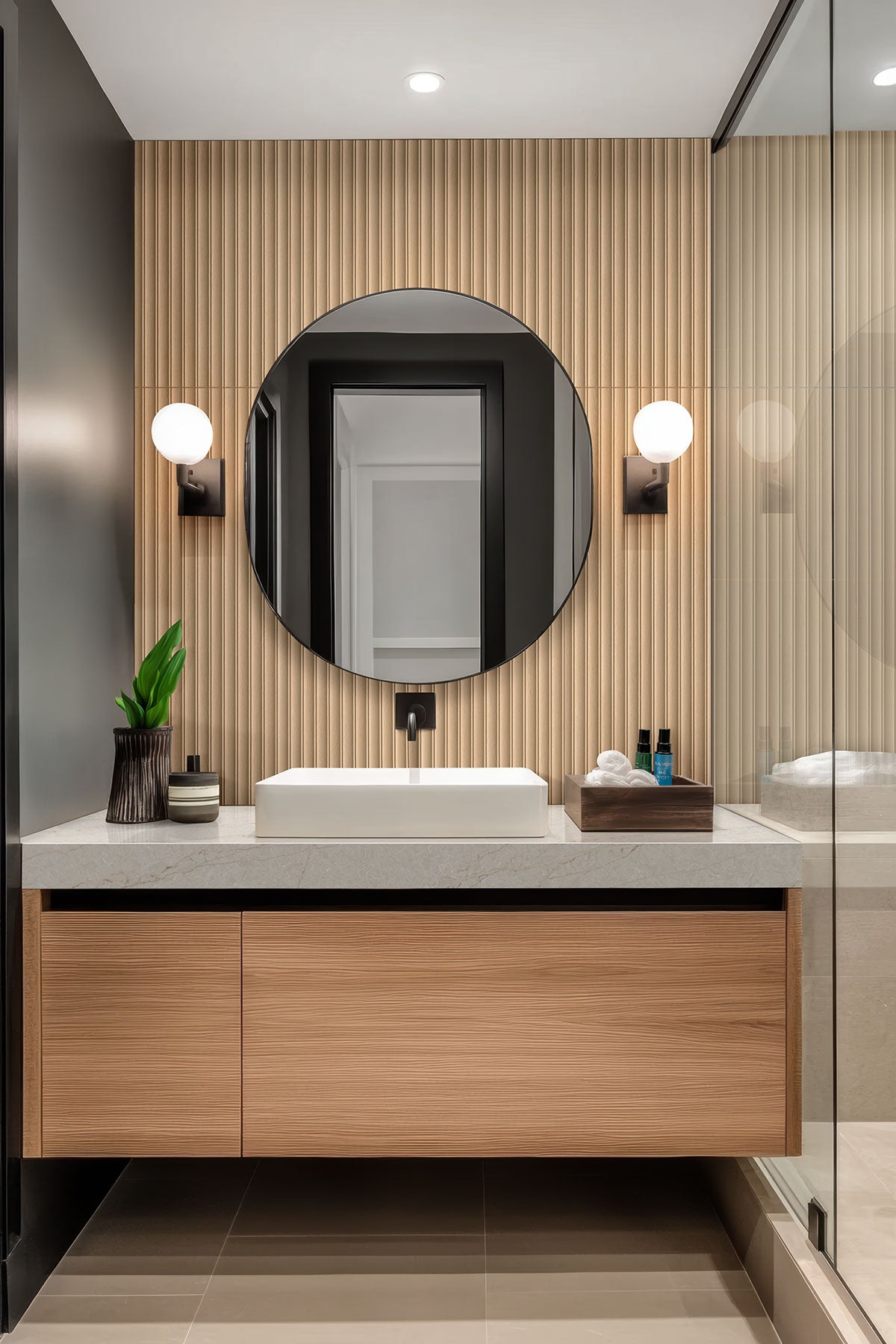 Urbanslat Flute Oak Wall Panels installed in modern bathroom with spa-like ambiance