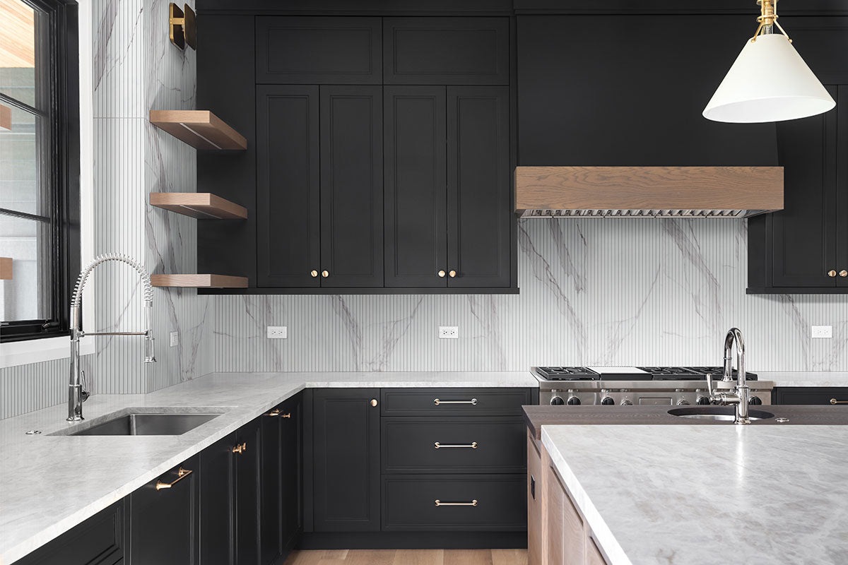 Urbanslat Marmi Grey Wall Panels installed on kitchen feature wall with clean vertical flow