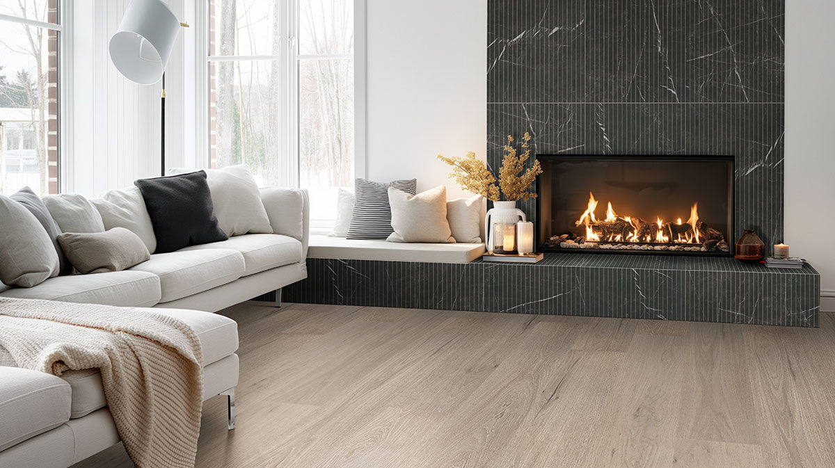 Urbanslat Marmi Noir Wall Panels installed on fireplace wall with sleek, seamless vertical layout