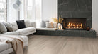 Urbanslat Marmi Noir Wall Panels installed on fireplace wall with sleek, seamless vertical layout