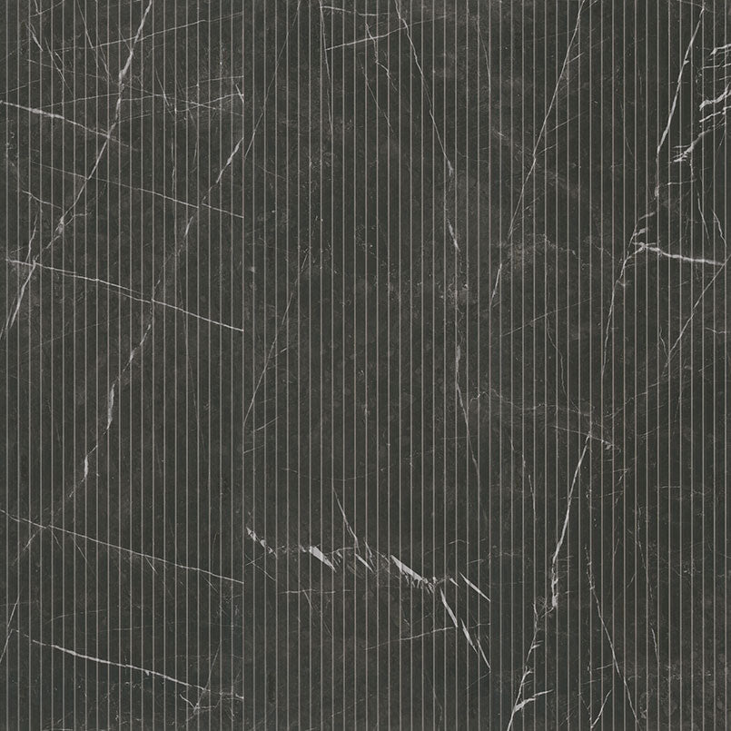 Flat view of Urbanslat Marmi Noir Wall Panel, 16x48 ceramic tile with fluted marble-look design and satin finish