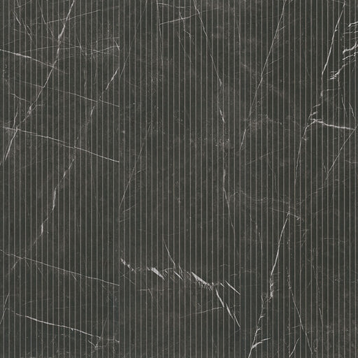 Flat view of Urbanslat Marmi Noir Wall Panel, 16x48 ceramic tile with fluted marble-look design and satin finish