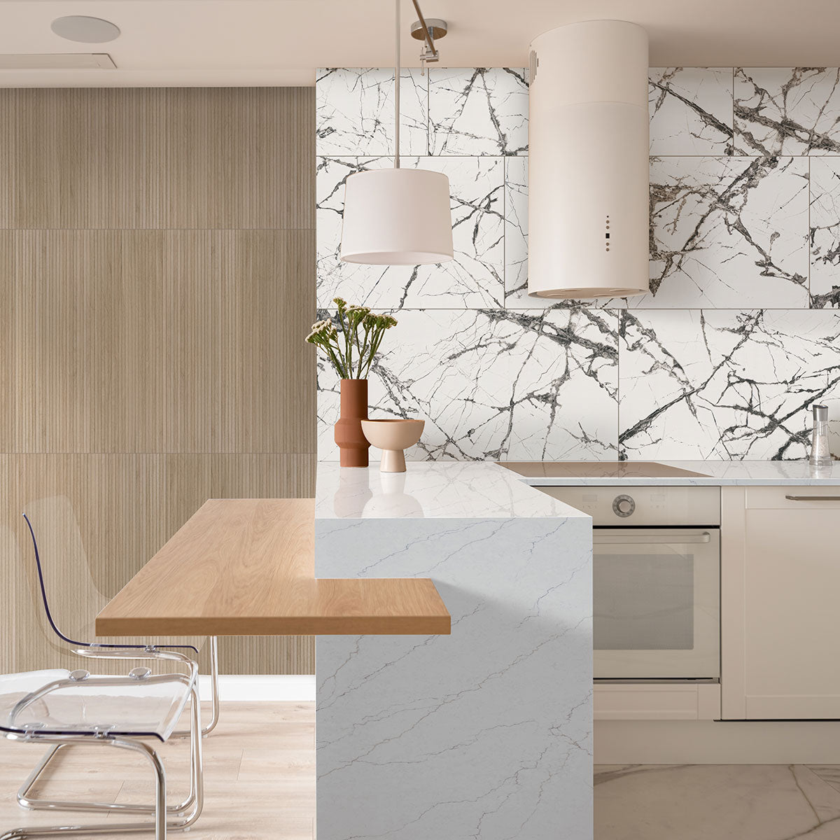 Urbanslat Natural Wood Look Wall Panels installed on kitchen wall with seamless, vertical layout