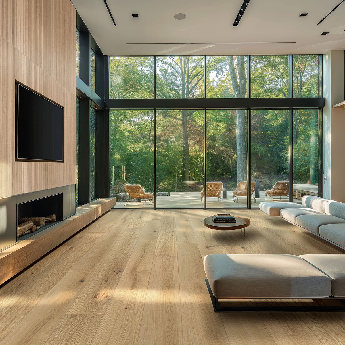 Urbanslat Natural Wood Look Wall Panels installed on living room feature wall with seamless, vertical layout