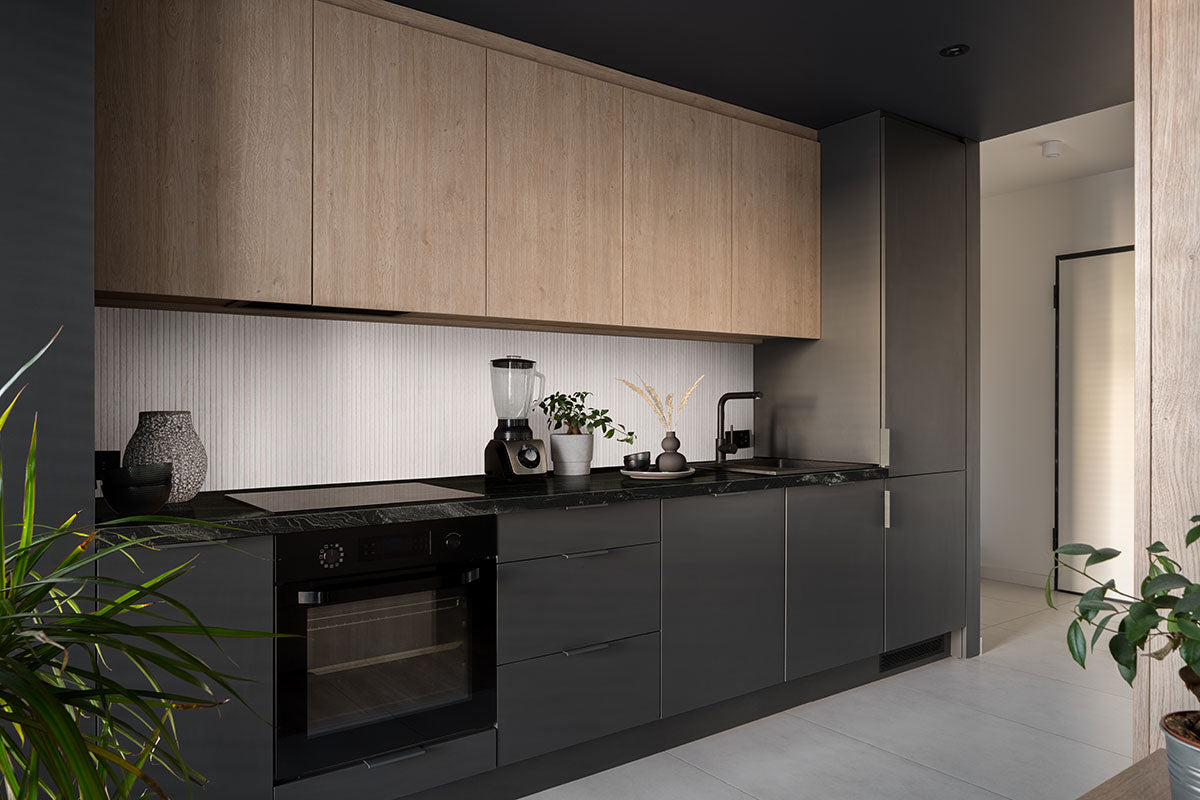Urbanslat White Wood Look Wall Panels installed in kitchen backsplash surround with seamless vertical layout
