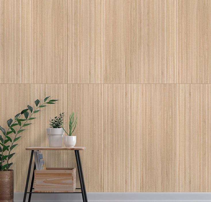 Urbanslat Natural Wood Look 16x48 panels installed on a decorative wall with seamless grout lines