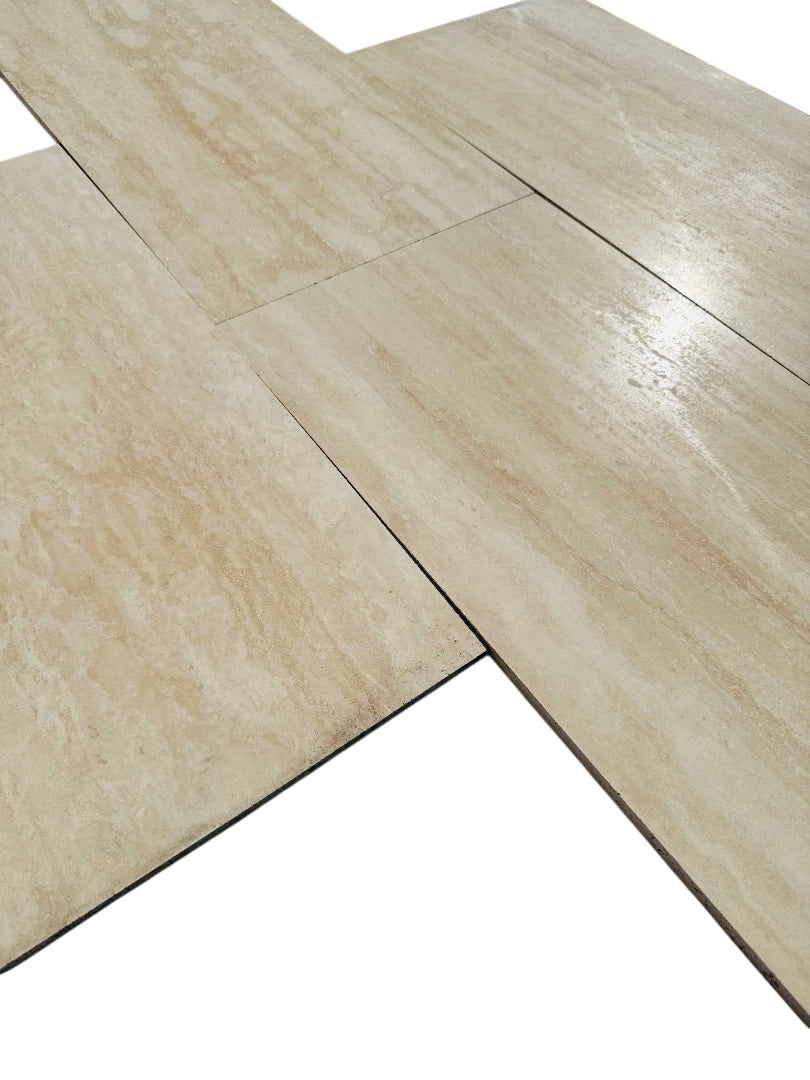 Close-up of Vera Cruz 12x24 polished tile showing vein cut pattern and gloss