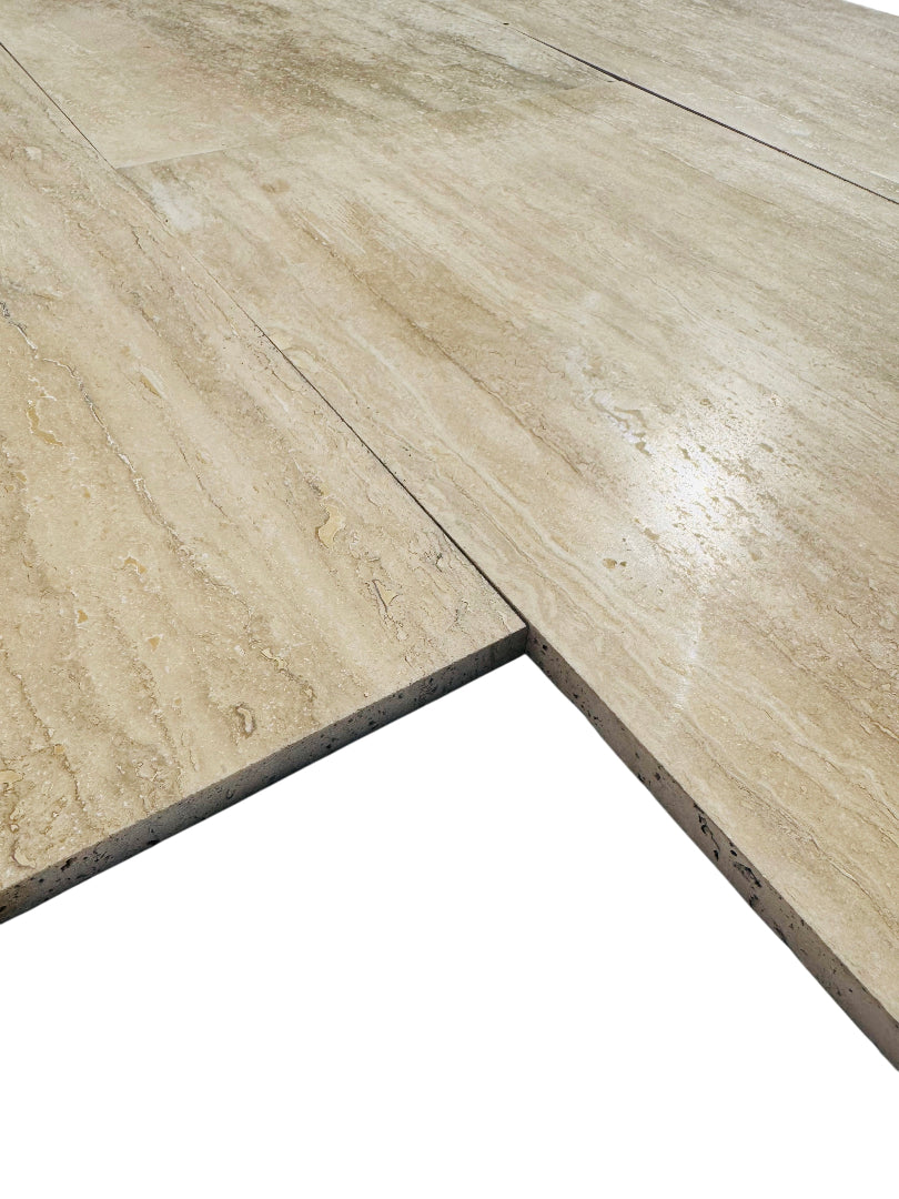 Close-up of Vera Cruz 12x24 polished tile showing vein cut pattern and gloss