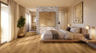 XL Rockmount Silver Travertine Corners installed on bedroom wall with warm neutral tones