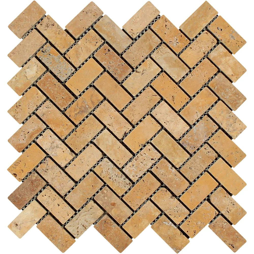 Tuscany Gold Herringbone Tumbled Travertine Mosaic 1x2