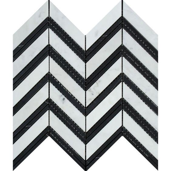 Carrara White Large Chevron Black Marble Mosaic