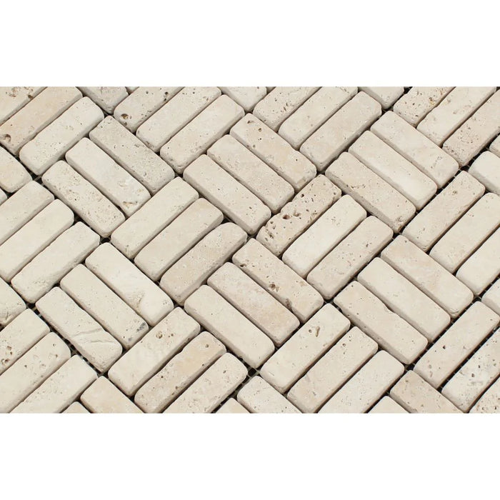 Ivory Travertine Tumbled Strip Mosaic 5/8"x2"