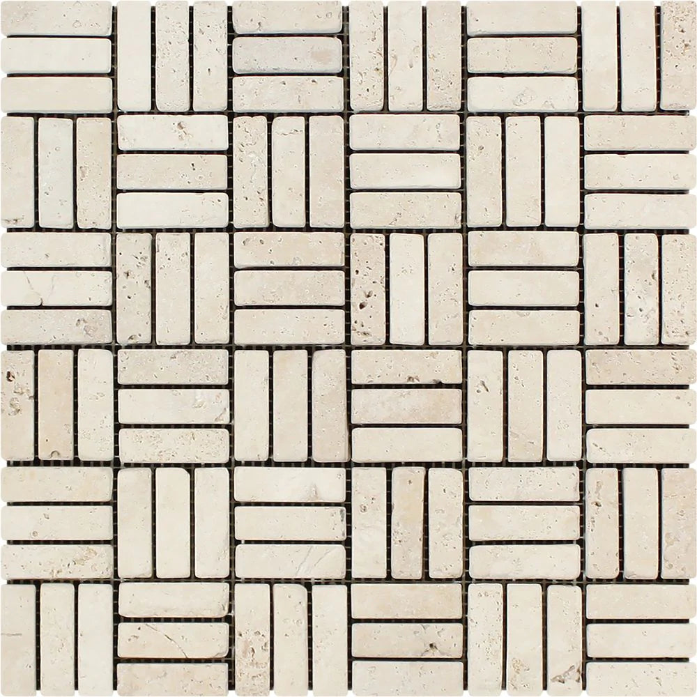 Ivory Tumbled Strip Travertine Mosaic 5/8x2