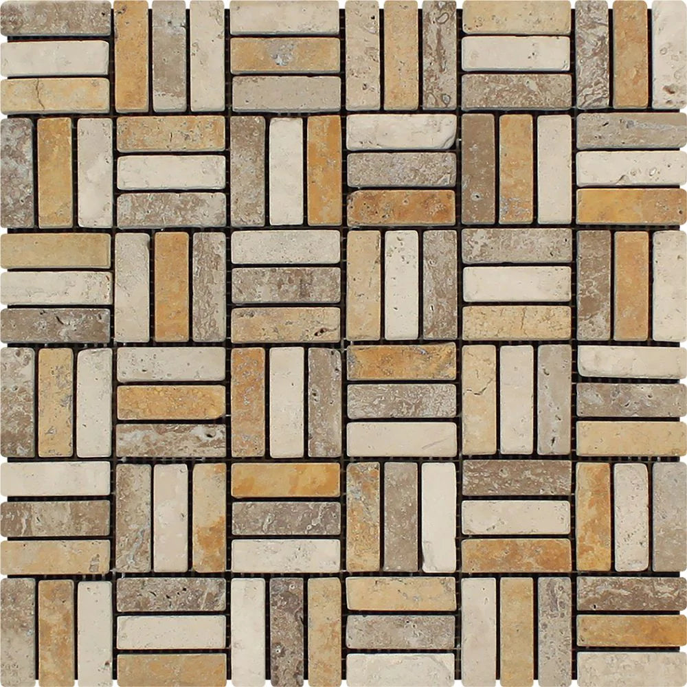 Tuscany Mix Triple Strip Travertine Mosaic 5/8x2