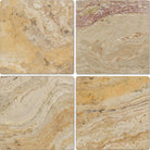 Close-up of 6x6 Valencia Travertine tile with tumbled finish and textured natural surface