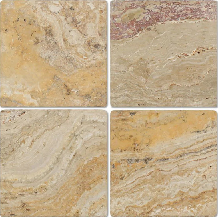 Close-up of 6x6 Valencia Travertine tile with tumbled finish and textured natural surface