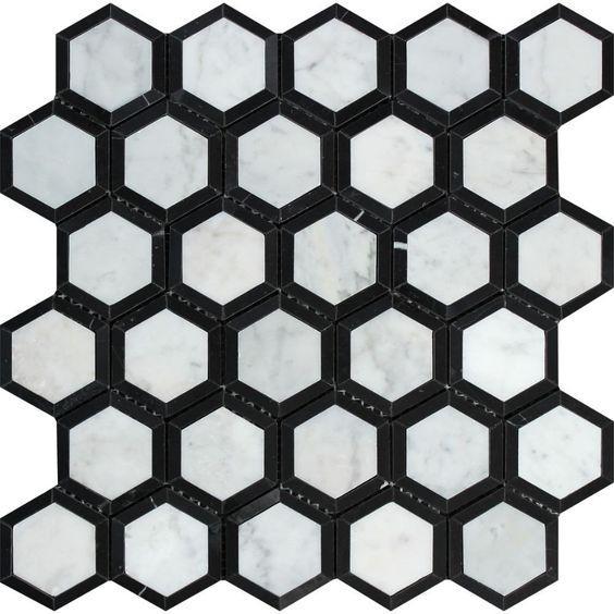 Carrara White Marble 2" Inch Hexagon Black