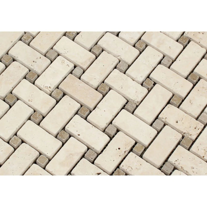 Ivory Travertine Tumbled Basketweave Mosaic