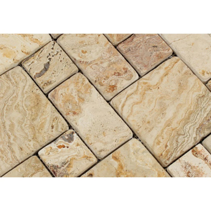 Valencia Travertine Mini Versailles Tumbled Mosaic