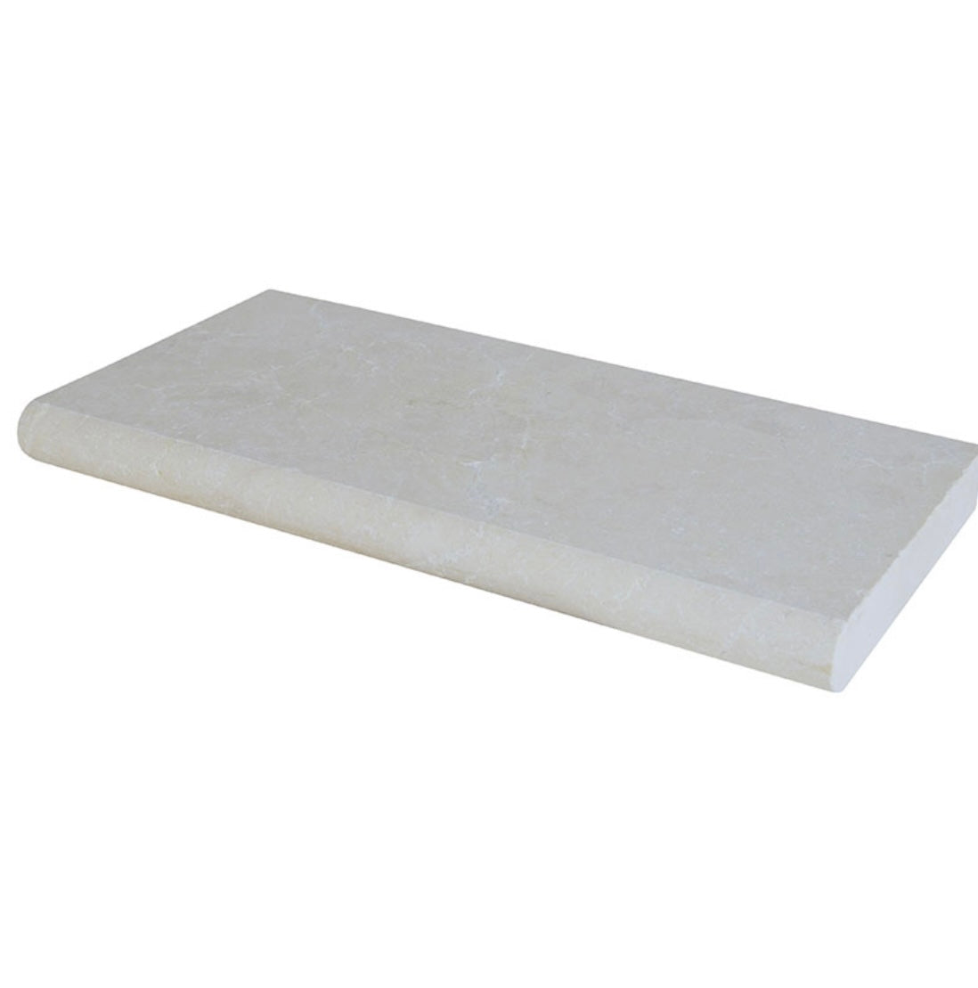 Close-up of Aegean Pearl Marble showing soft beige veining and bullnose edge