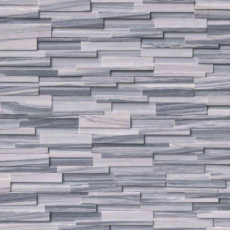 Flat view of Alaska Gray 3D Honed Marble Stacked Stone Panel, 6x24, showing layered matte finish