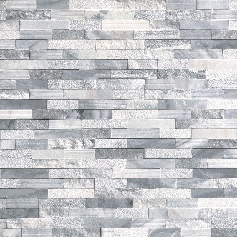 Flat view of Alaska Gray Multi Finish Marble Stacked Stone Panel, 6x24 with split face and honed texture