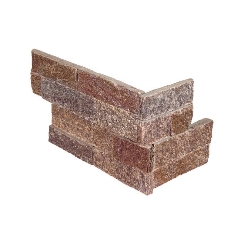 Flat lay of Amber Falls quartzite corner panels showing multi-tone gray and rust colors