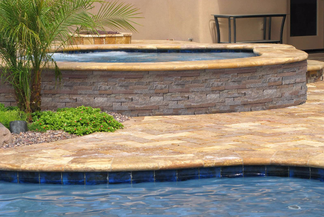 Close-up of Amber Falls stacked stone showing quartzite texture with mica sparkle