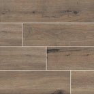 Flat lay of Antoni Café 6x36 porcelain tile showcasing natural coffee wood grain