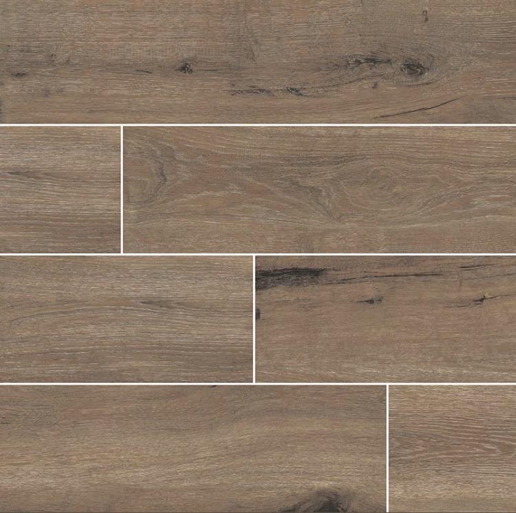 Flat lay of Antoni Café 6x36 porcelain tile showcasing natural coffee wood grain