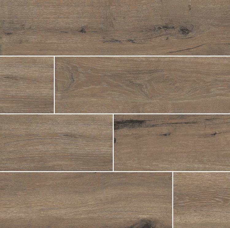 Flat lay of Antoni Café 6x36 porcelain tile showing realistic wood grain texture