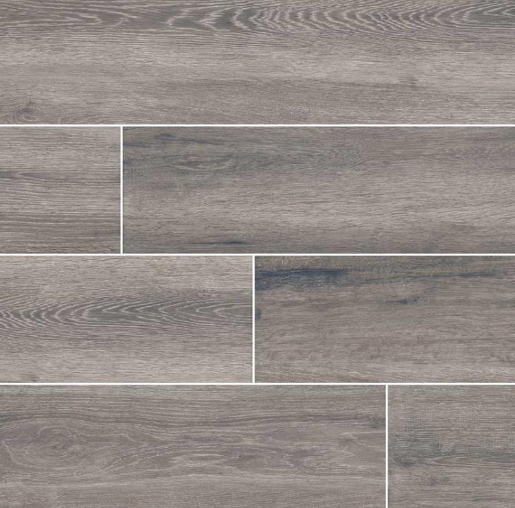 Flat view of Antoni Gris 6x36 wood-look porcelain tile in weathered gray with matte finish