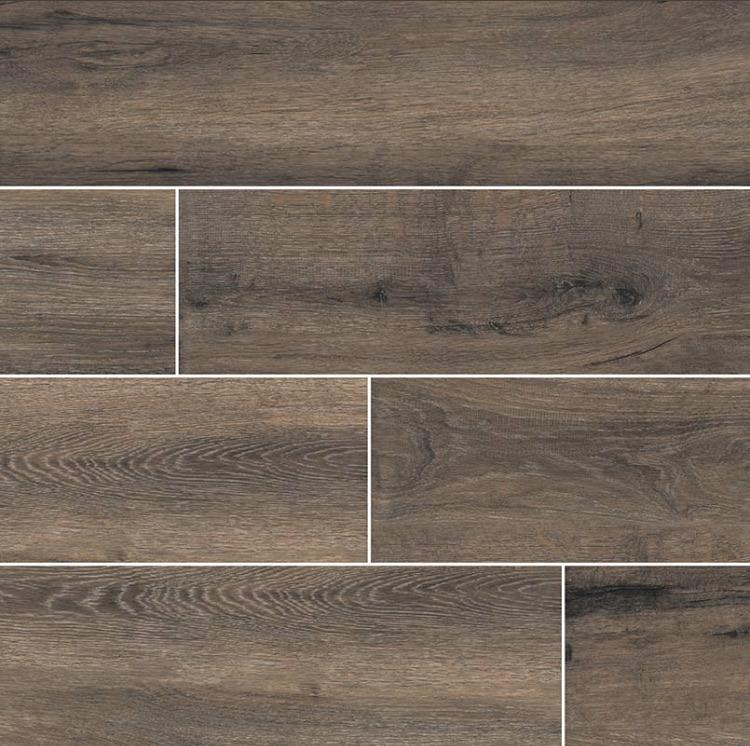 Flat view of Antoni Nero 6x36 wood-look porcelain tile in dark chestnut tone with matte finish