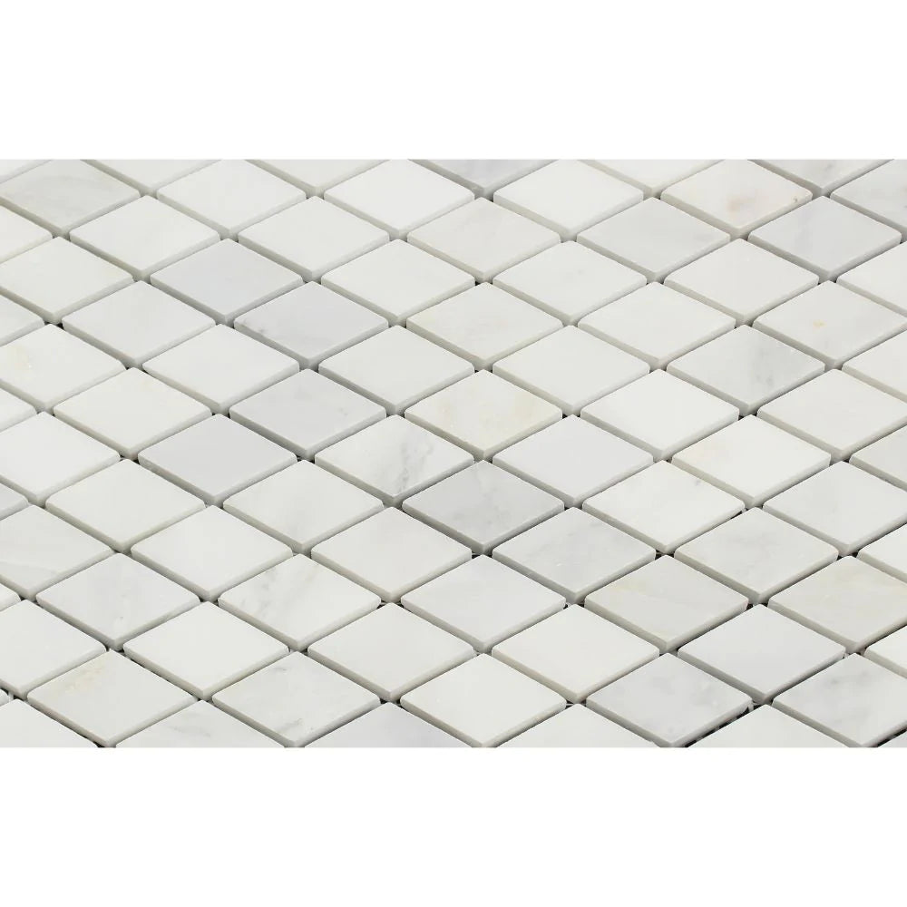 Close-up of Arabescato Carrara Marble in 1x2 diamond shape with polished finish