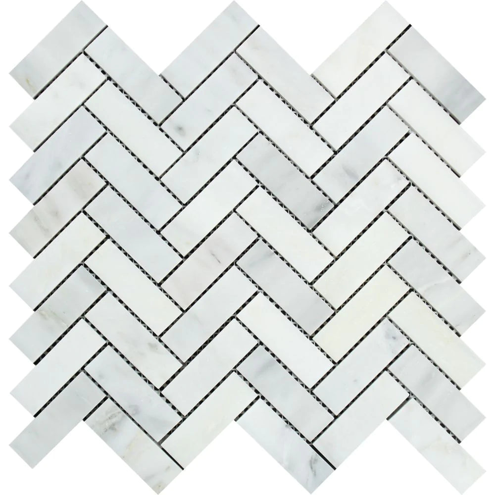 Arabescato Carrara 1x3 inch herringbone marble mosaic sheet
