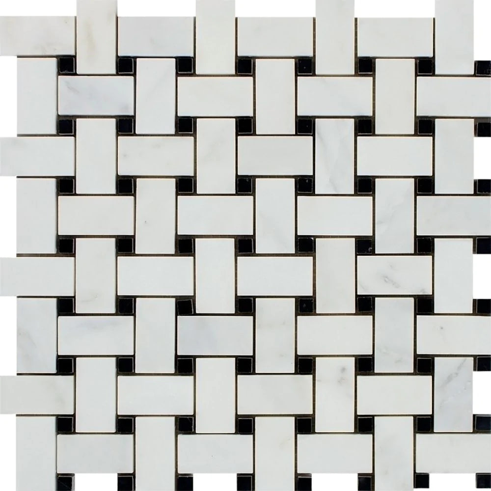 Basketweave Black Arabescato Carrara Marble Mosaic