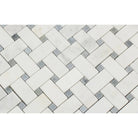 Close-up of Arabescato Carrara marble basketweave mosaic with blue dots