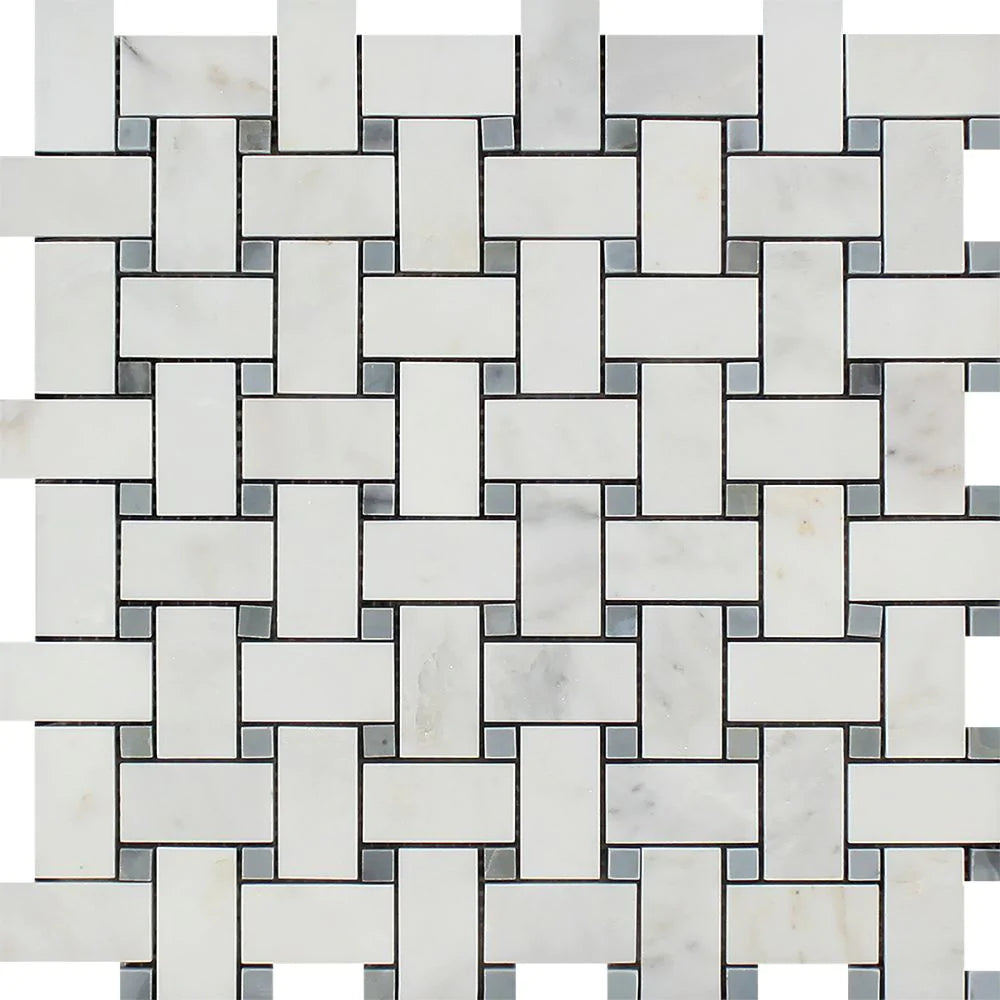 Arabescato Carrara Basketweave Blue Mosaic tile with white marble and blue accents