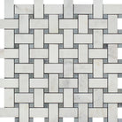 Arabescato Carrara Basketweave Blue Mosaic tile with white marble and blue accents