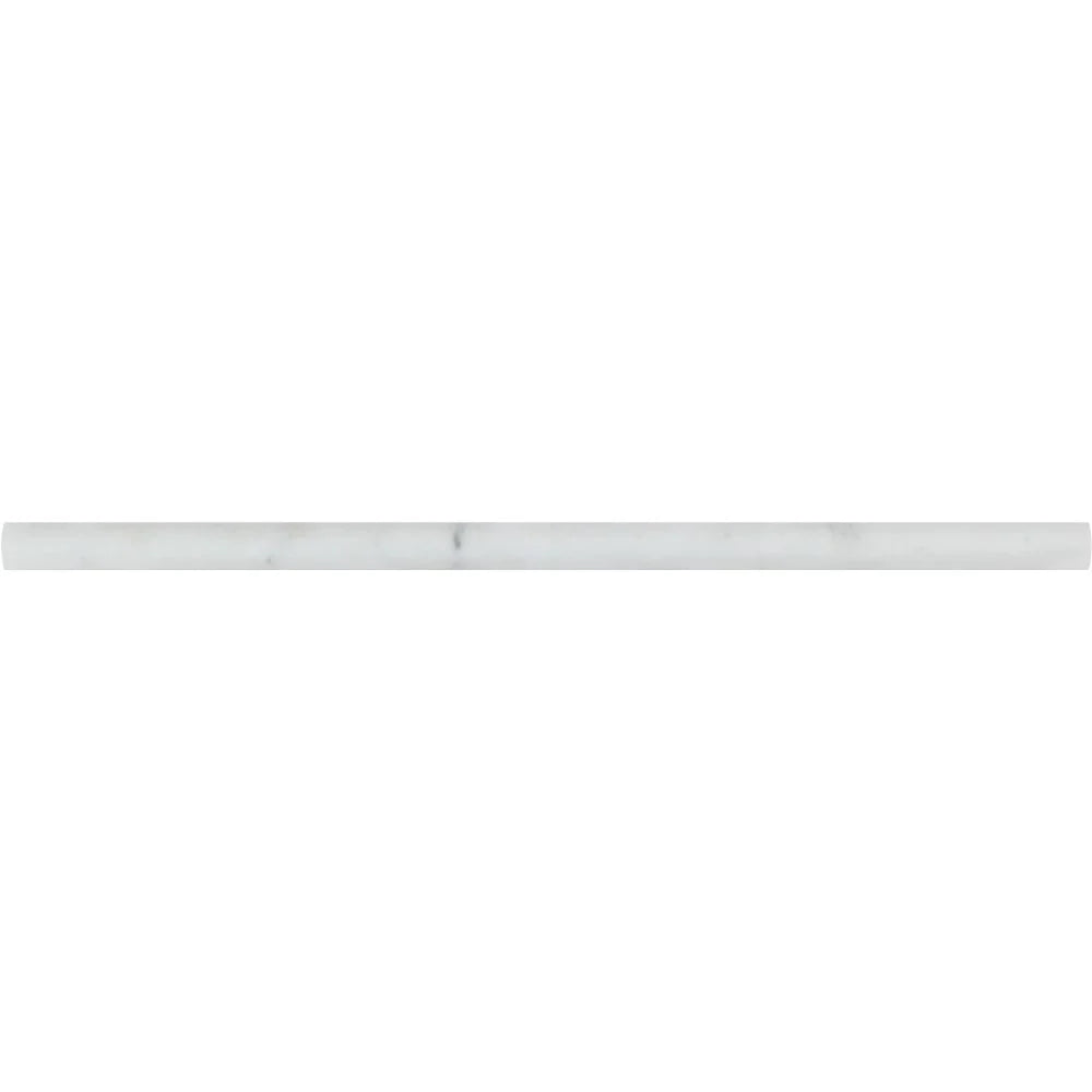 Close-up of Arabescato Carrara 1/2x12 bullnose showing slim profile and veining