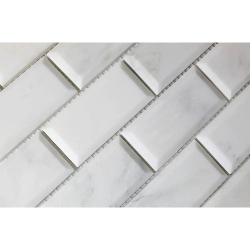 Close-up of Arabescato Carrara Deep Bevelled Mosaic showing beveled edges