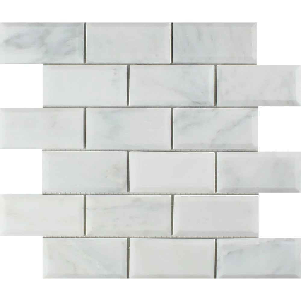 Arabescato Carrara Deep Bevelled 2x4 Mosaic polished on mesh sheet