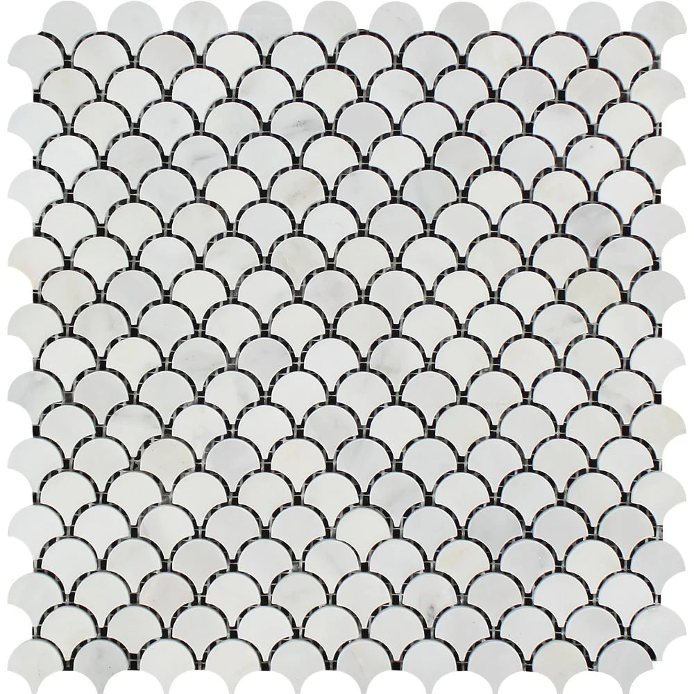 Arabescato Carrara Marble Fan Mosaic in polished finish