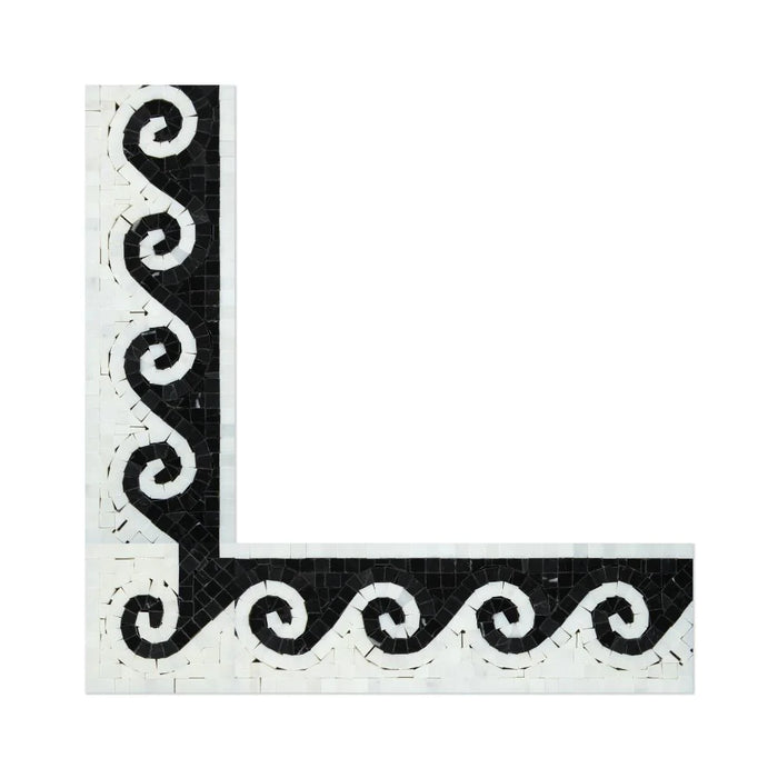 Close-up of Greek Wave Black border detail on Carrara marble